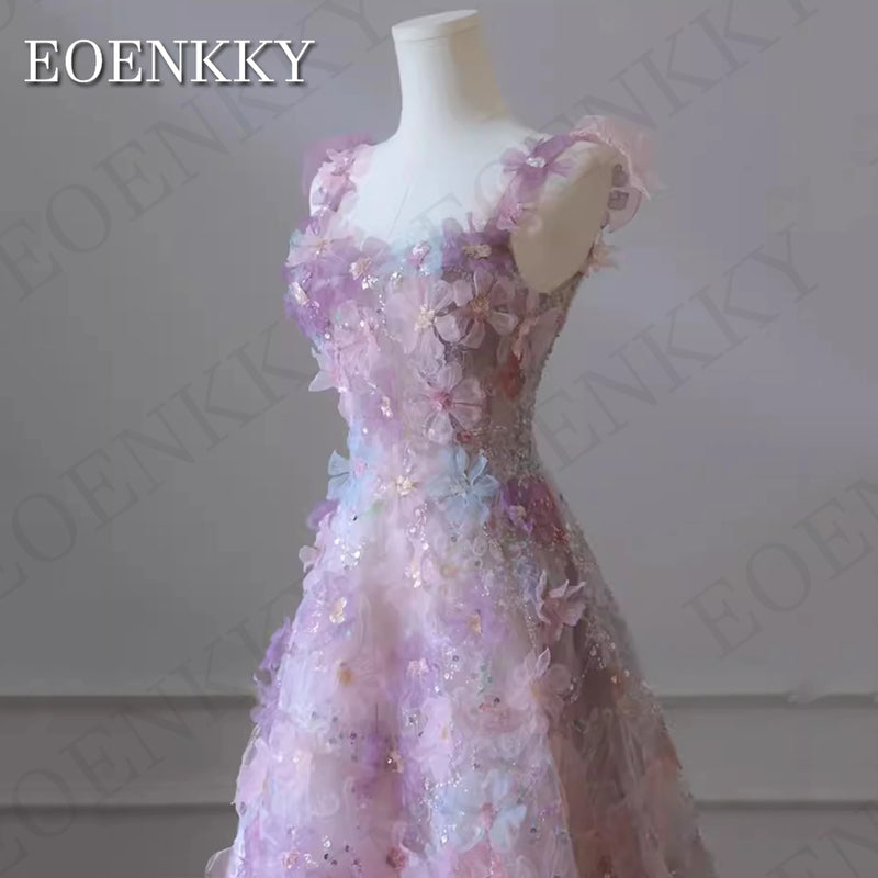 EOENKKY Exquisite 3D Flowers Prom Dresses Glitter Sequin A Line Spaghetti Strap Wedding Party Dress فساتين سهره فاخره Customized