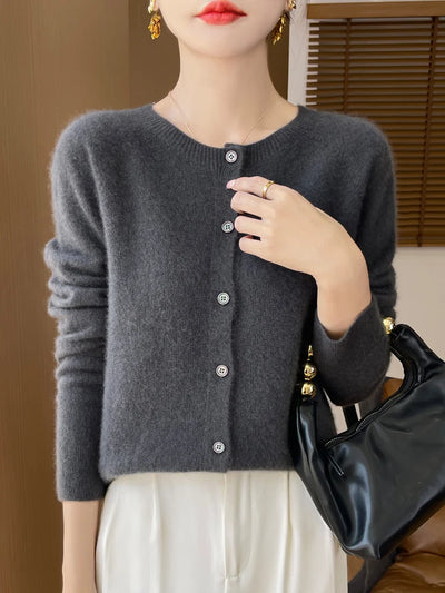 Autumn Winter Women 100% Merino Wool Sweater O-Neck Solid Color Cardigan Long Sleeve Clothing Cashmere Knitwear Bottoming Tops