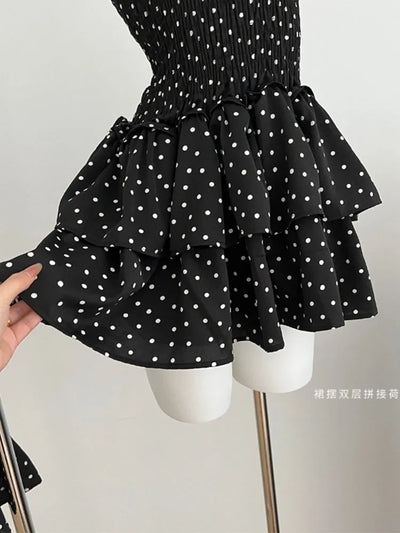 French Elegance Black Dot Print Strapless Dress Women Design Slim Chest wrapping One-Piece Frocks 3D Flower Halter Sexy Gyaru