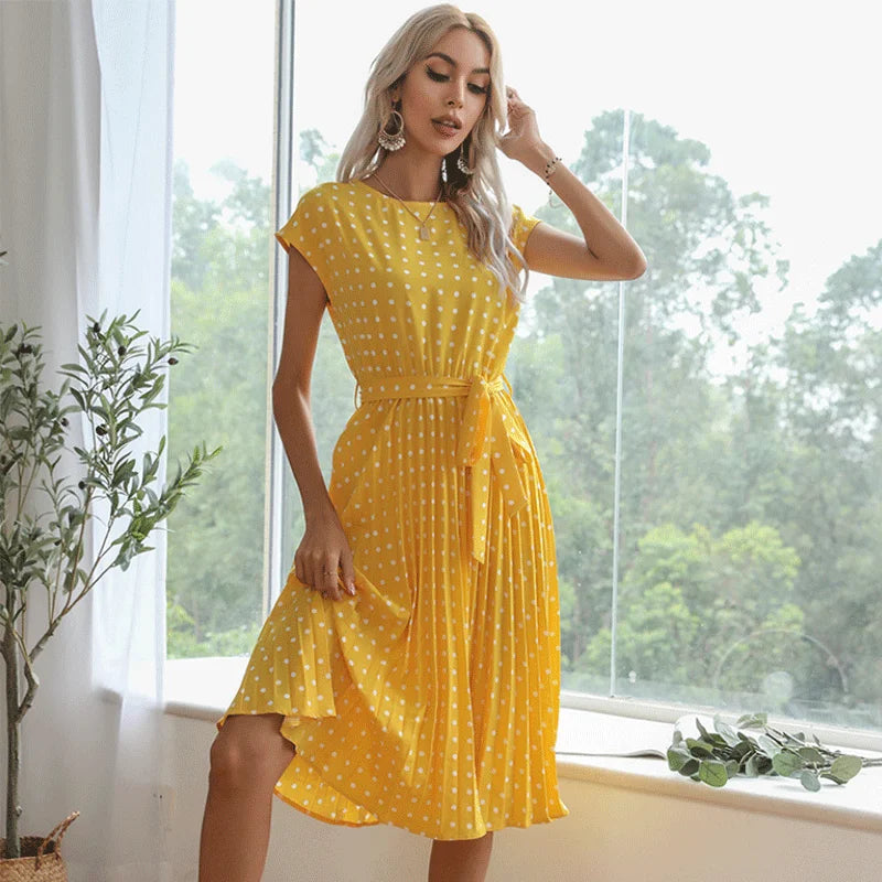 Summer Dresses For Women High Waist Midi Elegant Pleated Polka Dots Office Lady Dinner Party Vacation Dress Female Clothing Robe