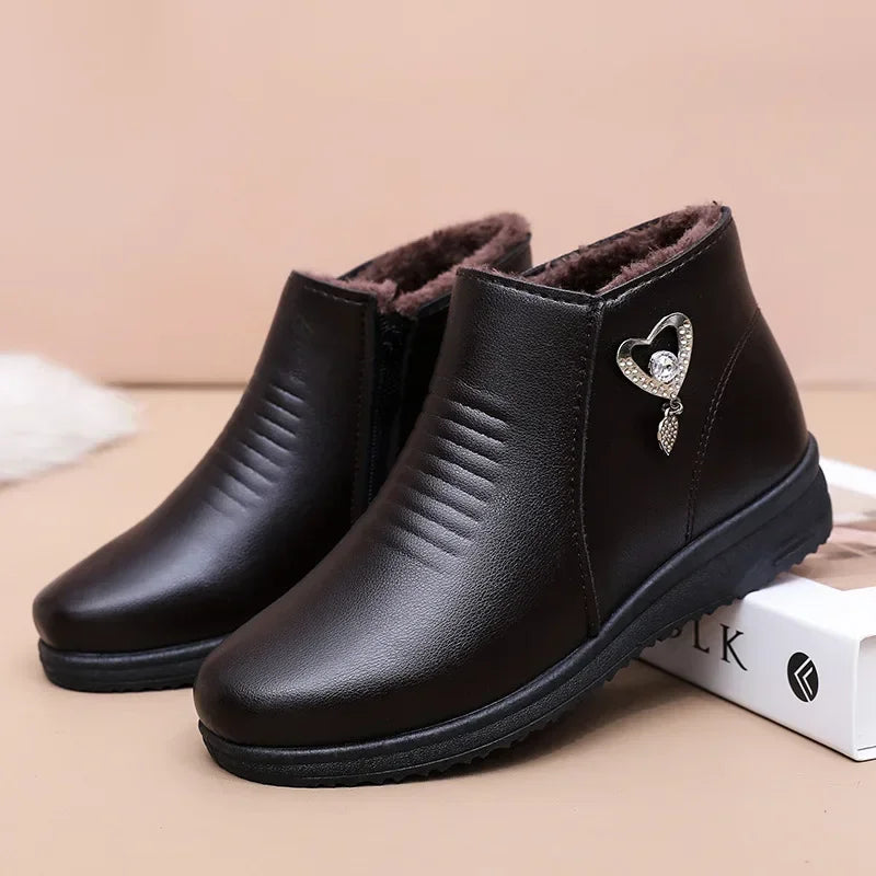 Winter Ankle Boots Fashion Women Leather Boots Plush Warm with Metal Mother Shoes Non-slip Short Boots Woman Botas De Mujer