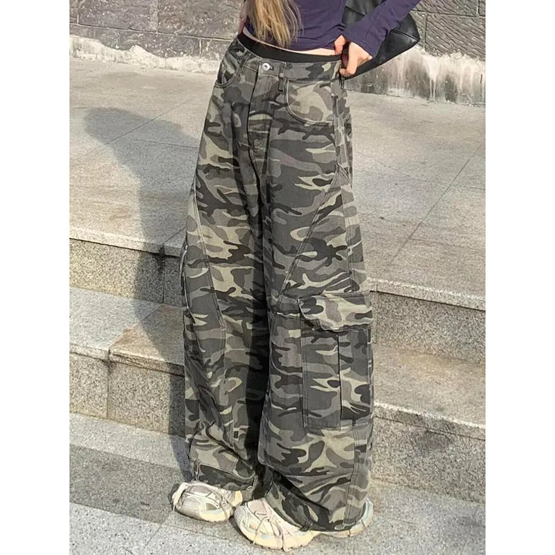 Autumn Winter New Low Rise Jeans Y2k Ladies American High Street Baggy Pants Woman Camouflage Drawstring Mop Jeans for Women