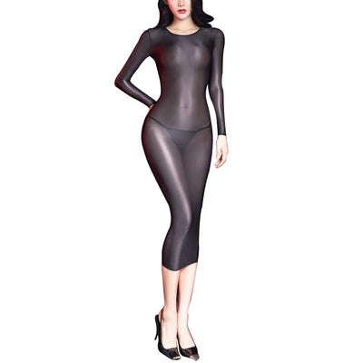 Party Night Sexy Bodycon Dress Women Oil Glossy Sheer See Through Shiny Silk Smooth Tight Long Sleeves Midi Dresses Clubwear