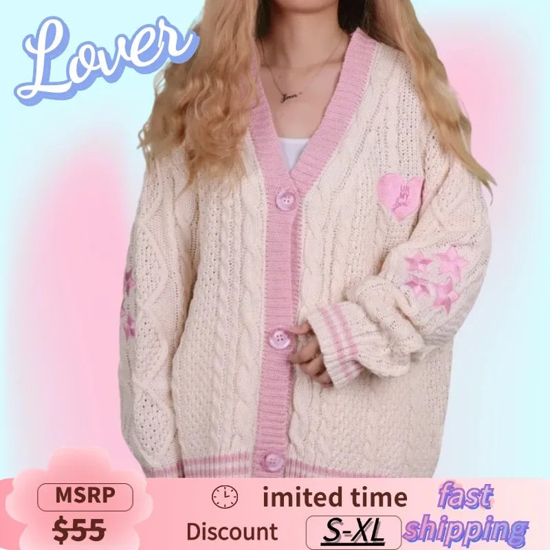 Autumn Pink Lover Cardigan Women Long Sleeved V-neck Knitted Sweater Winter Fashion Loose Warm Oversized Beige Cardigan Women