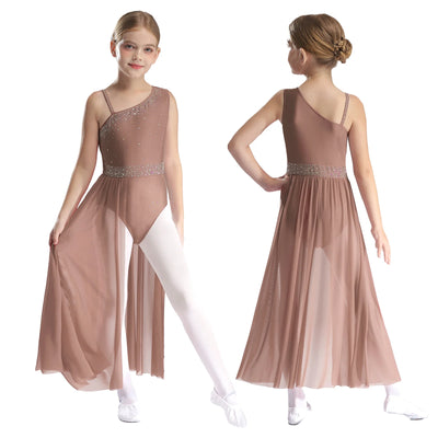 Kids Girls Lyrical Dance Dress Sleeveless Rhinestones Mesh Splice Skirted Leotard Dancewear Contemporary Modern Dance Clothes