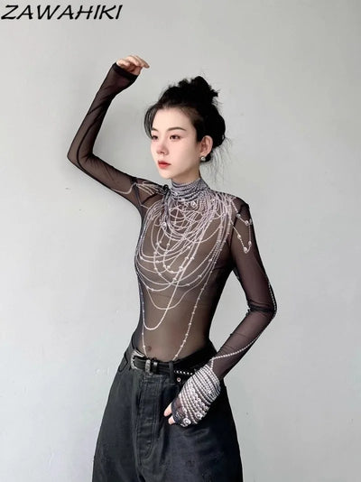 Graphic Long Sleeve T Shirts Women Gauze Transparent Slim Mesh Mock Neck Fashion Y2K Top Female Aesthetic Grunge Sexy Crop Tops