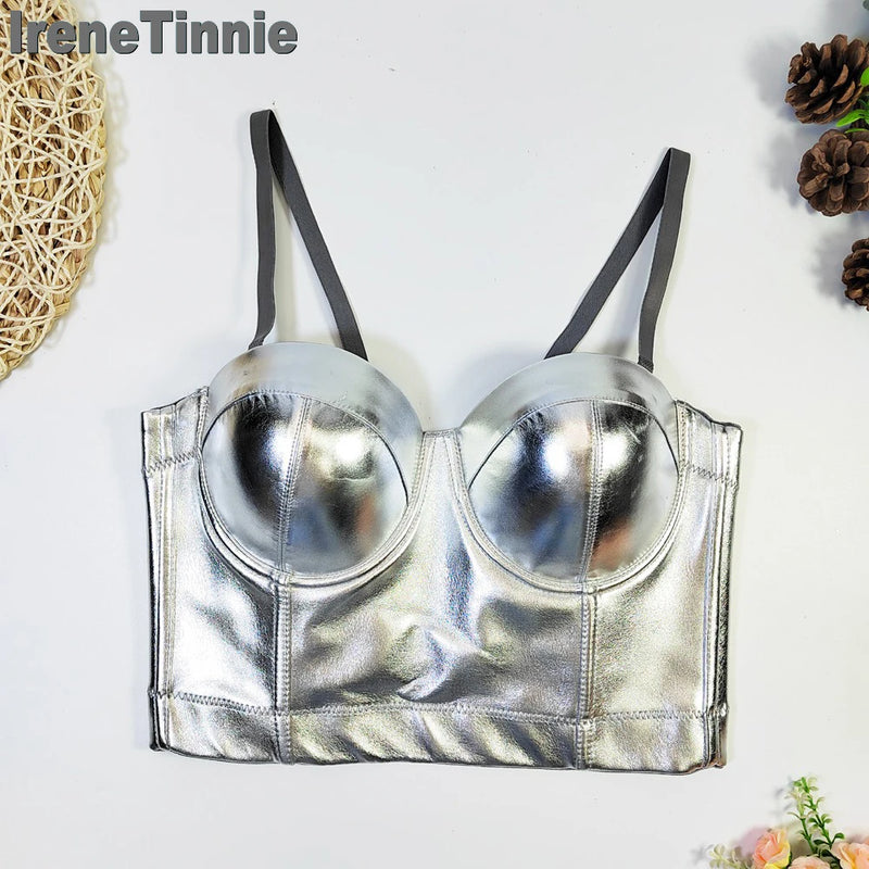 IRENE TINNIE Crop Top Multicolour Sparkle PU Leather Bra Push Up Bralet Women Tube Top Corset Bustier Party Lingerie Streetwear