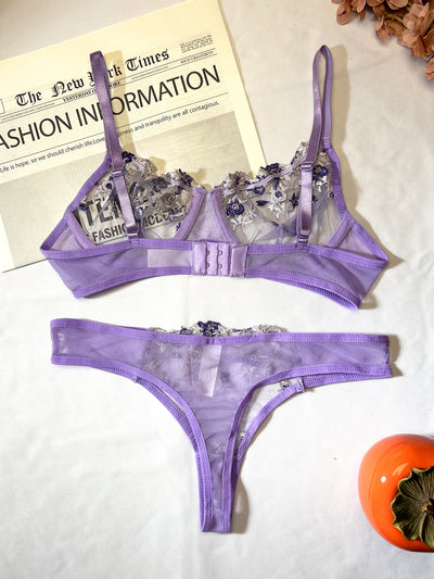 Purple Sexy Lingerie Woman Lace Transparent Underwear Fairy Embroidery Brief Sets Delicate Bra Panties Kits Erotic Breves Sets