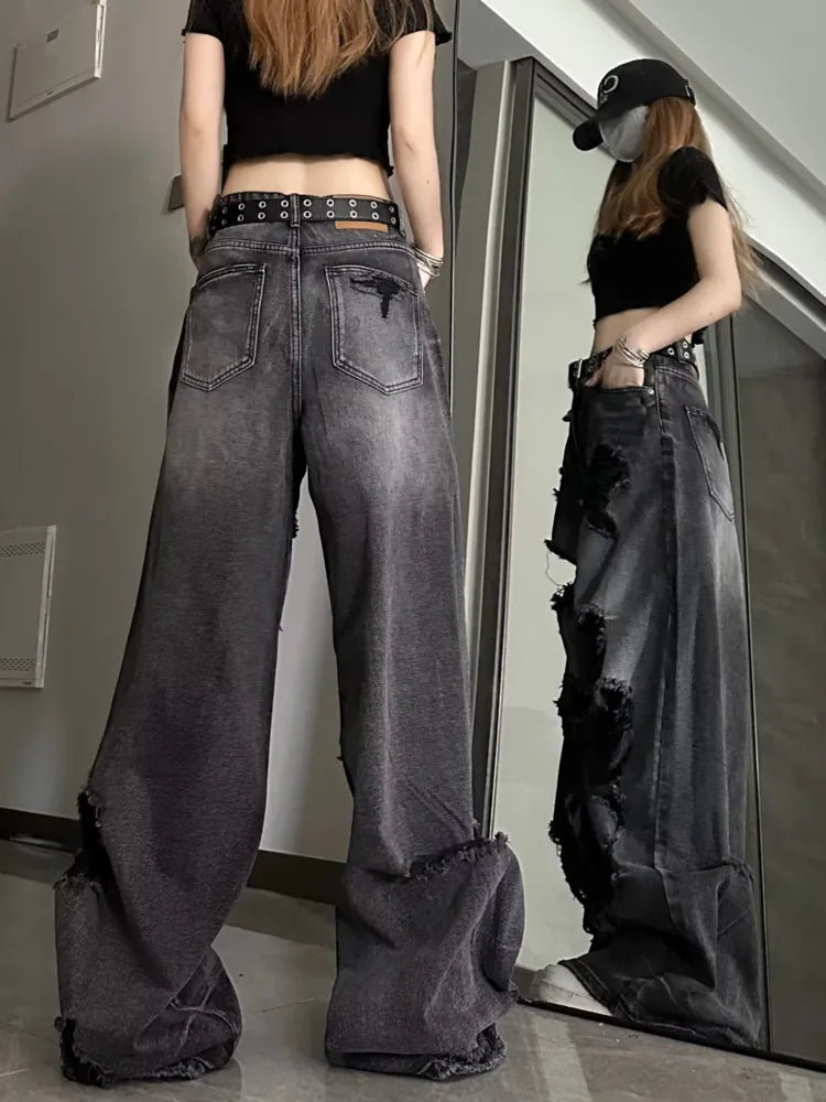 Niche Design Jeans, High Street Heavy Industry Wide Leg Pants, High-end Floor Length Pants, Trendy Brand Women&