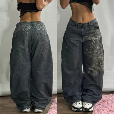 Y2K Harajuku New Punk Feng Shui Washing Old Baggy Jeans Female Streetwear Dance Popular Casual Joker High Waist Wide Leg Pants