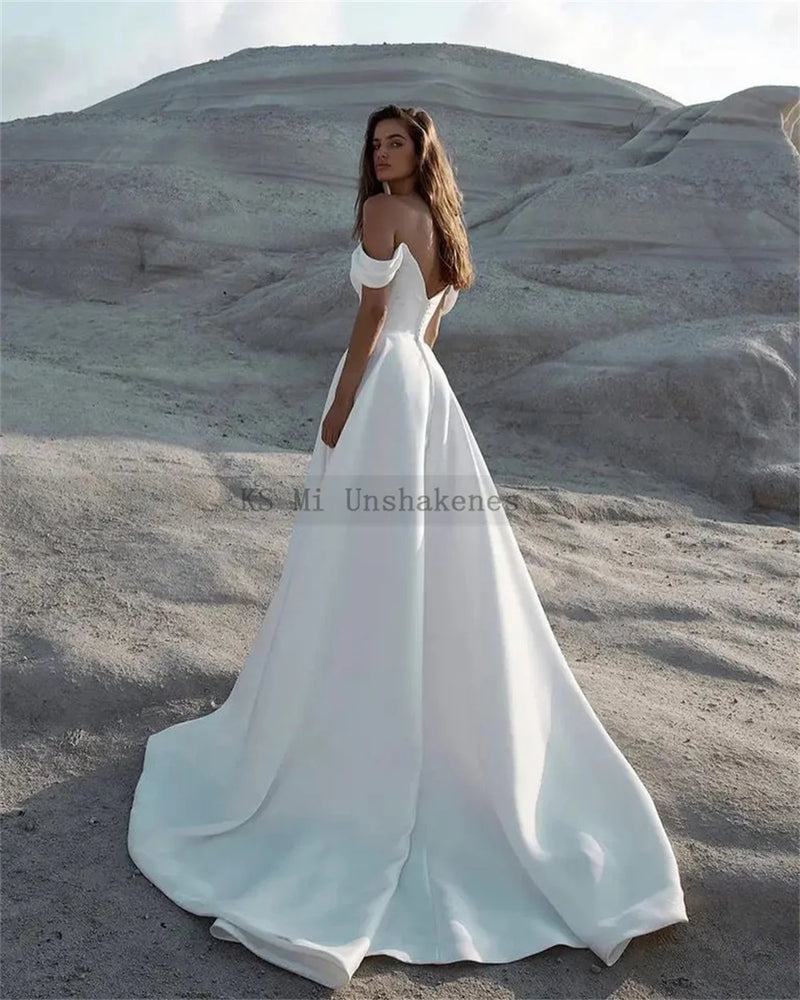 Simple Civil Wedding Dresses Off the Shoulder Sleeveless Side Split Summer Beach Bride Dress Satin Minimalist Wedding Gowns 2024