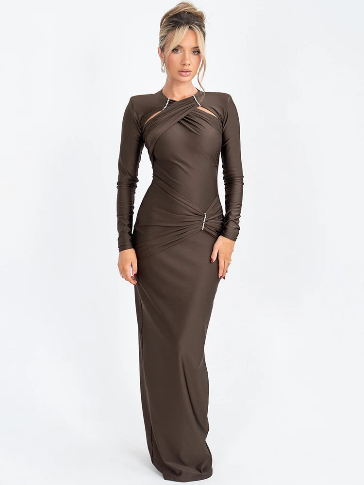 Mozision Hollow Out Long Sleeve Sexy Maxi Dress For Women Gown Fashion Solid Bodycon Ruched Club Evening Elegant Long Dress