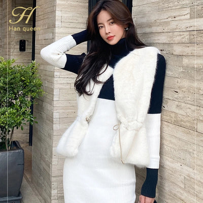 H Han Queen New Winter Turtleneck Women Dress Knitted Sheath Dresses Woman Elegant Slim Colorblock Mid Sweater Pencil Vestidos