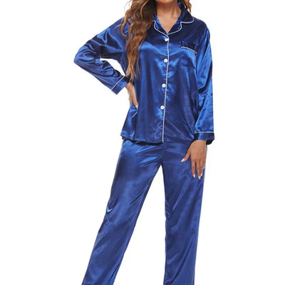 Luxurious Satin Pajama Set for Women Cozy Long Sleeve Top with Pocket and Waist Pants Button-Down Pajama Sleepwear Loungewear