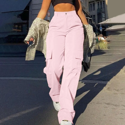 Women's Loose Cargo Pants High Waist Wide Leg Solid Color Full Length Trousers with Pockets Casual All Seasons Long Pants