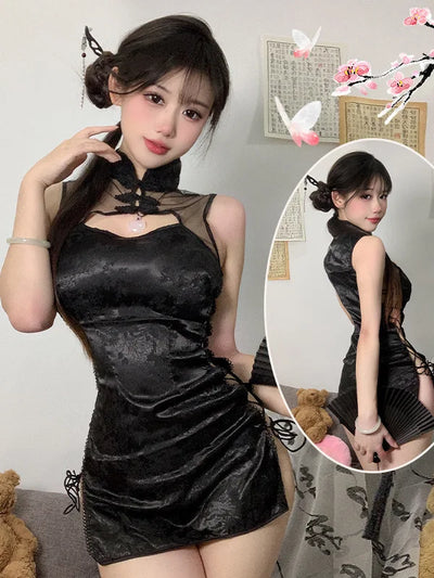 Sexy Cheongsam Mini Dress Mesh Lace Sheer Charming Underwear Uniform Transparent Slim Side Straps Dress Elegant Tops HE1O