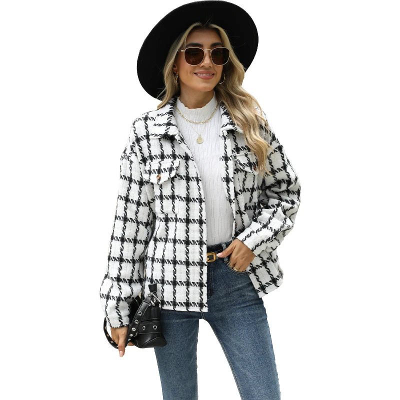 Women New Style Lapel Plaid Long Sleeve Loose Cardigan Woolen Coat for Women