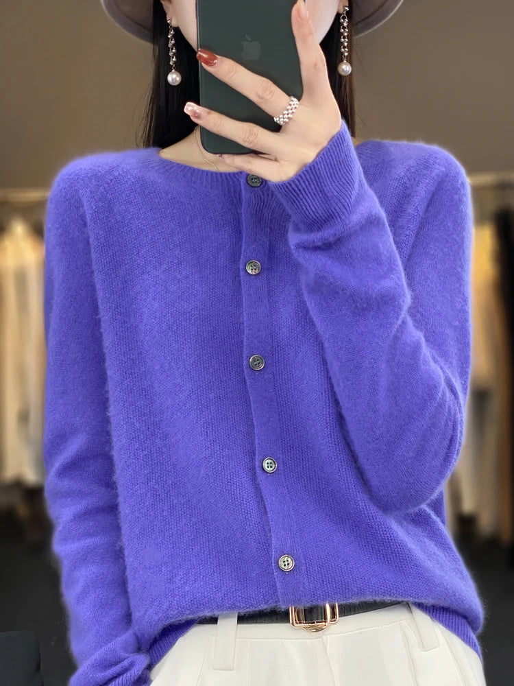 Autumn Winter Women 100% Merino Wool Sweater O-Neck Solid Color Cardigan Long Sleeve Clothing Cashmere Knitwear Bottoming Tops