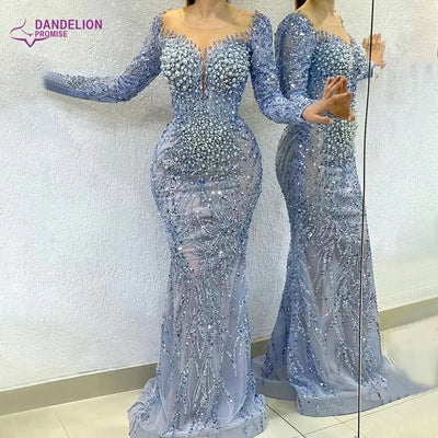 Elegant Long Sleeve Evening Dress for Women 2024 O-Neck Mermaid Wedding Party Luxury Beaded  Formal