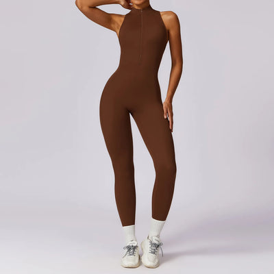 V Back One-piece Suit Women Sports Jumpsuit  Zippers Yoga Rompers Backless Sportswear Women Sleeveles Workout Bodysuits Female