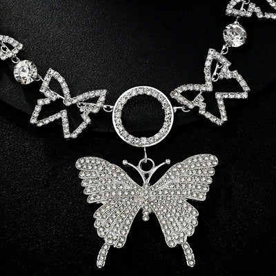 Large Butterfly Pendant Necklace Rhinestone Jewelry Hollow Round Butterfly Chain Choker