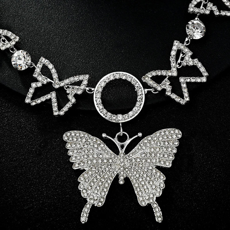 Large Butterfly Pendant Necklace Rhinestone Jewelry Hollow Round Butterfly Chain Choker