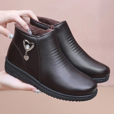 Winter Ankle Boots Fashion Women Leather Boots Plush Warm with Metal Mother Shoes Non-slip Short Boots Woman Botas De Mujer