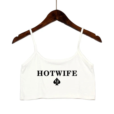 Fashion Women's Sexy Elastic Cotton Camis HOT WIFE Letters Print Female Sexy Crop Top Sleeveless Short Girls Tank Top Bar Women