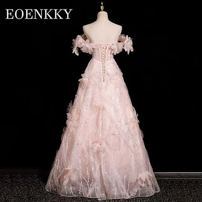 Luxury 3D Floral Sequined Prom Dresses Pink Off The Shoulder A Line Backless Wedding Party Dress Floor Length вечернее платье