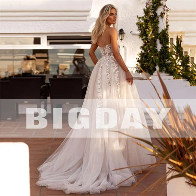 Elegant A-Line Wedding Dress Women  Lace Sweetheart Tulle Open Back Slit Strapless Bridal Gown Sweep Vestido De Noiva Customized