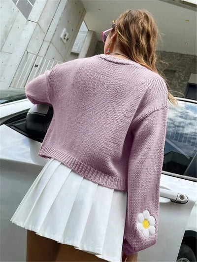 European and American women's autumn new sweet flower pattern sweater cardigan loose short knitted women's sweater jacket