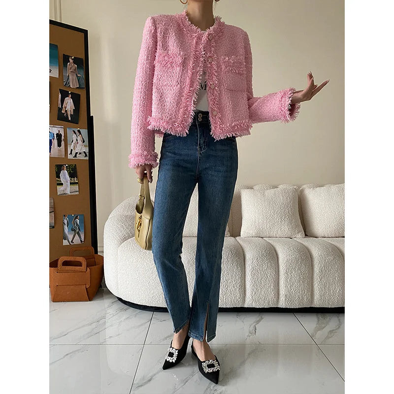 Pink Fringe Fur Shoulder Pad Tweed Jacket Blazer Boucle Crop Coat for Women 2023 Spring