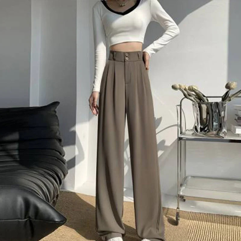 High Waist Wide Leg Pants for Women New Loose Straight Coffee Trousers Autumn Double Buttons Casual Suit Pants Female