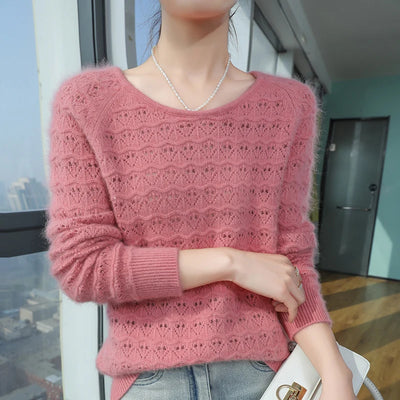 2025 Autumn And Winter New 100% Pure Mink Fur Knitted Hollow Sweater Women's Sexy U-neck Cashmere Sweater Loose Top DBR041