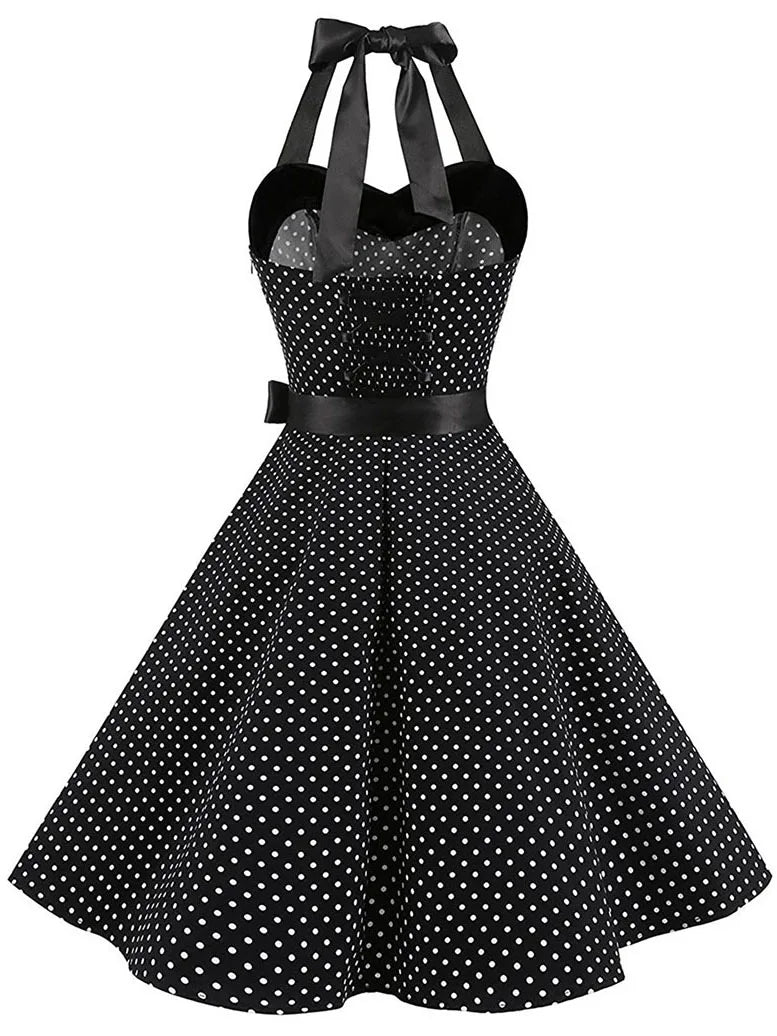 Women Polka Dot Print Summer Dress Sexy Retro White Halter Vintage Dress Robe Femme Pin Up Rockabilly Party Dress