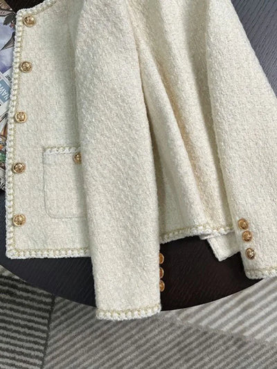 Jmprs Chic White Tweed Jackets Women Korean Long Sleeve Sweet Coat Fashion O Neck Elegant Casual Female All Match Outwear Tops