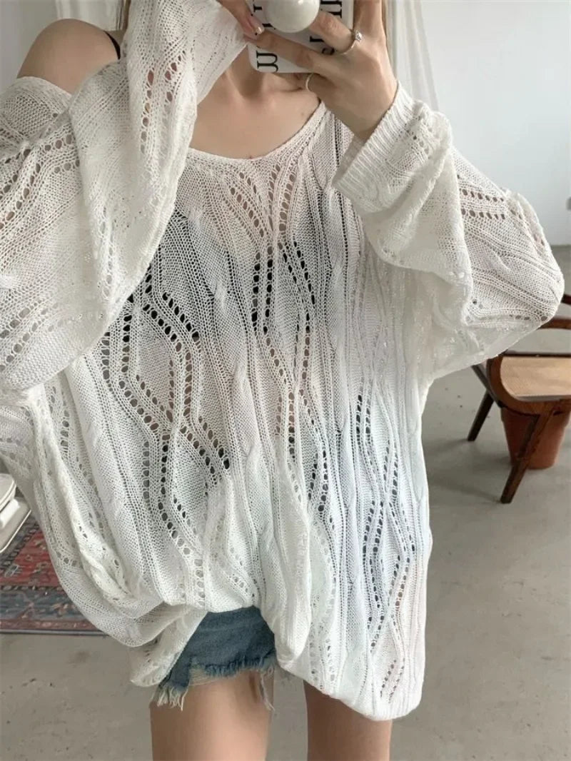 Sexy Hollow V-neck Lace Up Knit Sweater Summer Korean Loose Sun Protection Top Elegant Backless Long Sleeved Beach Top