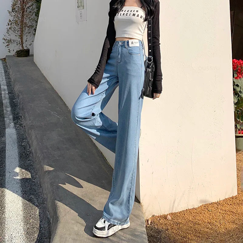 Summer Lyocell Jeans Women Blue Black High Waisted  Straight Wide Leg Denim Y2k Pants Streetwear Loose Casual Female Clothing