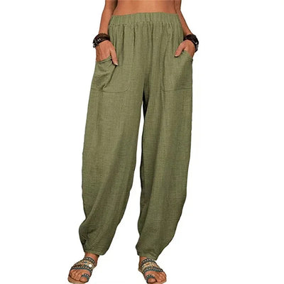 Women Vintage Clothes Solid Pockets Cotton Linen Baggy Beach Harem Pants Summer Casual Loose Trousers Pantalones De Mujer S-5XL