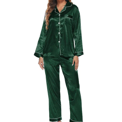 Luxurious Satin Pajama Set for Women Cozy Long Sleeve Top with Pocket and Waist Pants Button-Down Pajama Sleepwear Loungewear