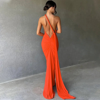 2023 New Fashion Elegant Maxi Dress for Women Sexy One Shoulder Bodycon Slim Pleated Solid Backless Dresses Party Club Clothes