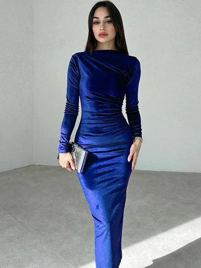 BWQ 2024 Spring Summer Velvet Long Sleeve Midi Dress For Women Ruched Long Dress Elegant Party Clothes Evening Green Outfits