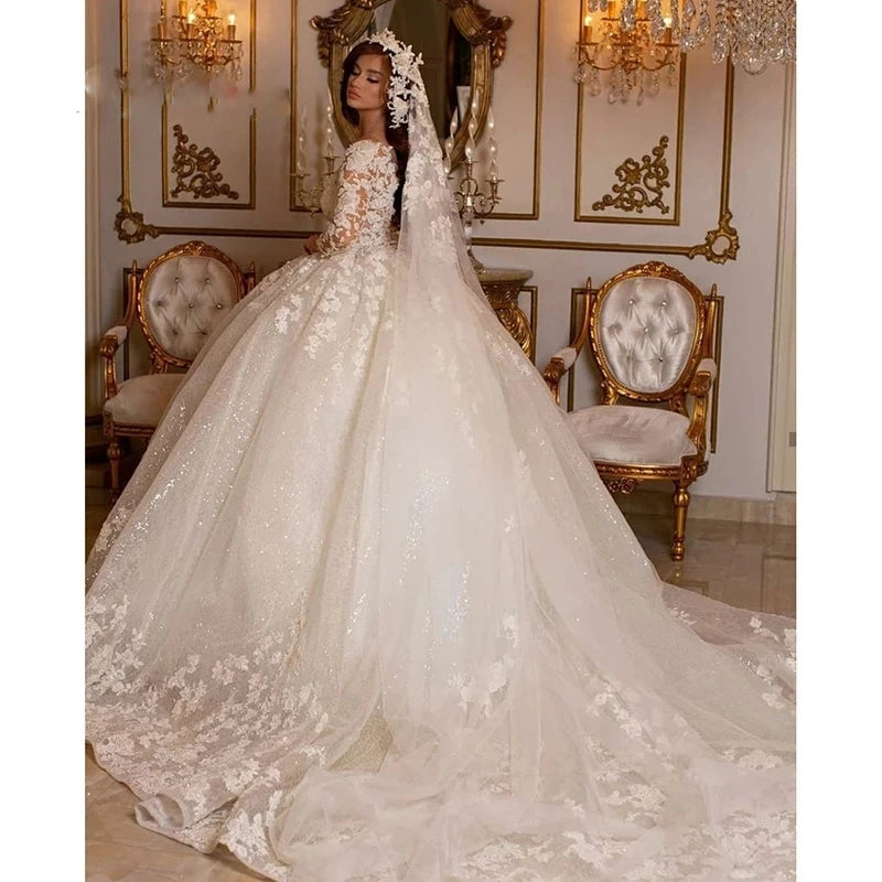 Vintage Wedding Dresses Princess Ball Gowns Beading Bridal  Shinny Tulle Long Sleeves Elegant Luxury Marriage Dress Customized