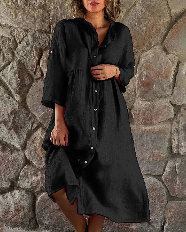 Spring Summer Women Cotton Linen Dress 2024 Fashion Loose Button Long Sleeve Shirt Dresses Solid Beach Party Pockets Dress Robe