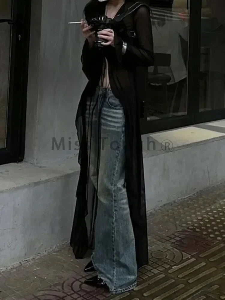 Vintage Y2k Black See Through Long Cardigan Women Sexy Grunge V-neck Streetwear Tops Summer Chic Aesthetic Bandage Slim Blouse