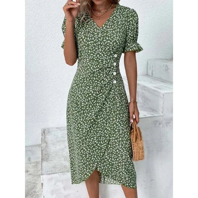 Spring Floral Bodycon Midi Dress For Women V Neck Long Sleeve Ruched Slim Fit Dresses Female Sexy Vestido Robe