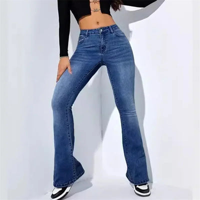 Fashion Women Commuter Slim Fit Jeans Mid Waist Micro Flared Denim Trousers Washable Floor-length Pants Female Casual Streetwear