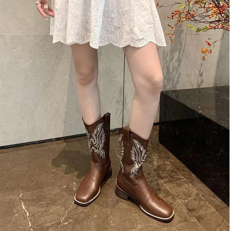 Fall Women Mid-calf Boots 2024 Vintage Leather-covered Brown Western Cowboy Boots Embroidered Chunky Heel Thigh-high Knight Boot