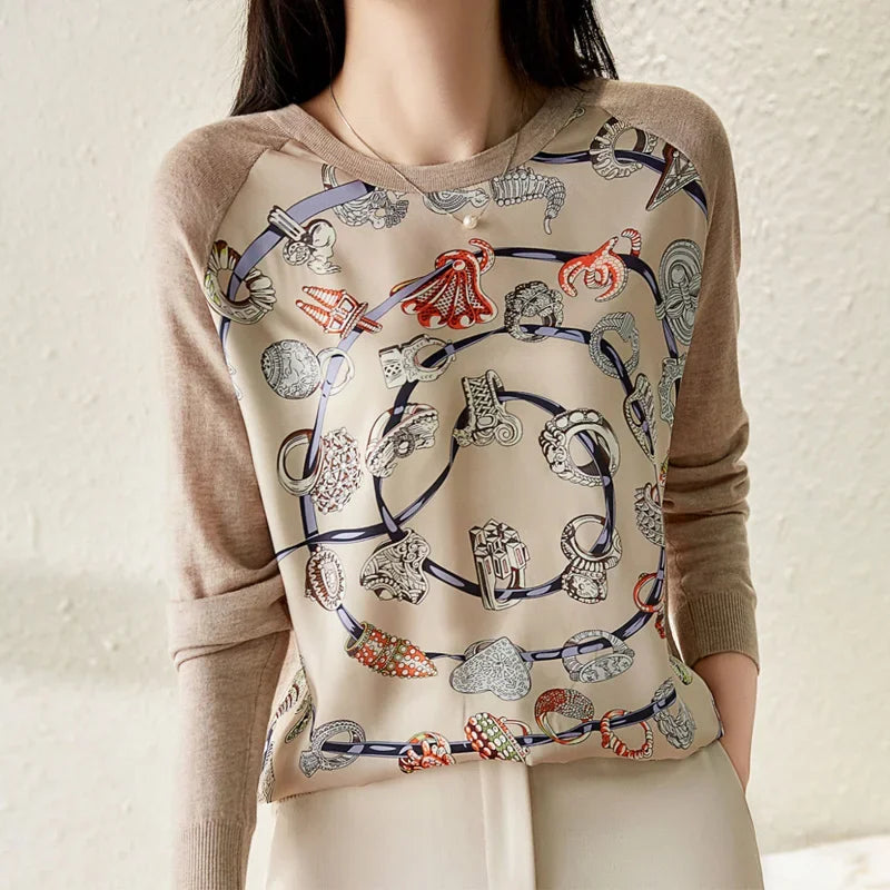 2024 Spring Autumn New Fashion Printing Round Neck Long Sleeve Knitting Pullovers Women Elegant Korean Style All-match Tops