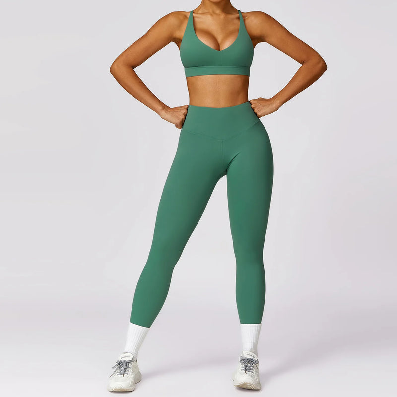 Yoga Set 2 Pieces Women Tracksuits Workout Sportswear Gym Clothing Fitness Long Sleeve Crop Top High Waist Leggings Sports Suits